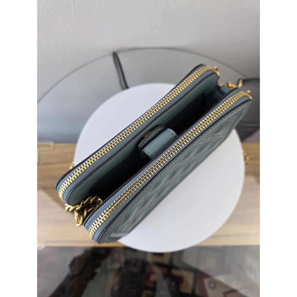 Tory Burch Fleming Soft Double-Zip Mini Bag Blue Grey Quilted Leather Crossbody - Picture 3 of 13